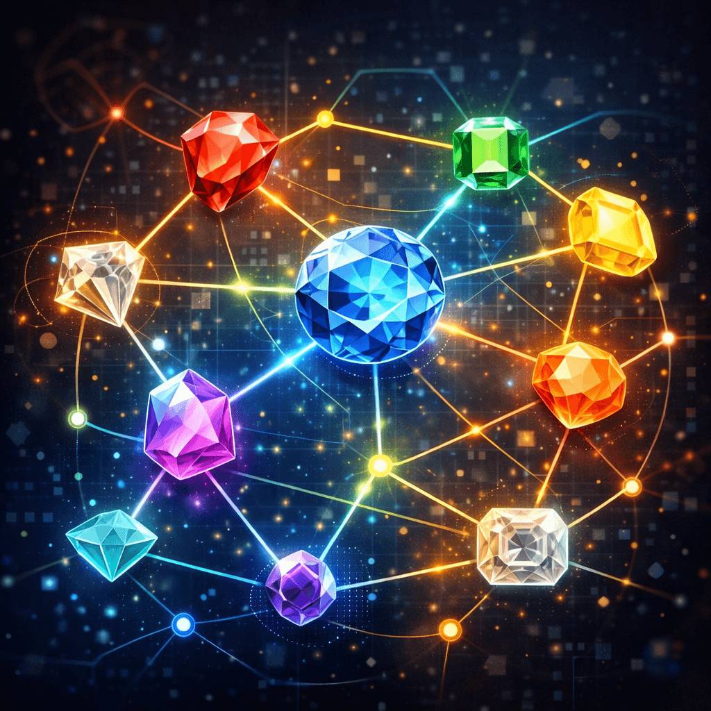 Knowledge graph represented as interconnected gemstones, showing how businesses are like precious gems connected in a network